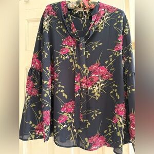 LOFT Floral Blouse - Pink and Green on Black